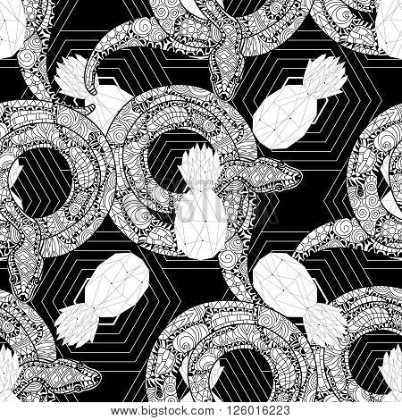Hand drawn doodle outline anaconda decorated with ornaments and low- poly pineapple .Vector zentangle illustration.Floral ornament. Seamless pattern.Boho style.