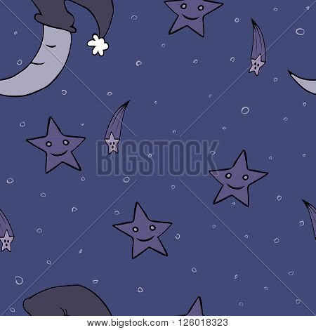 Doodle seamless night pattern background with stars and crescent moon in hand-drawn