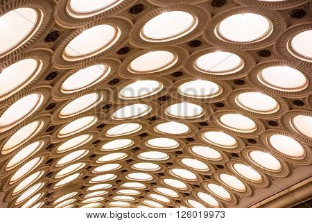 MOSCOW - MARCH 3: Closeup of the ceiling lighting caissons of the Elektrozavodskaya metro station on March 3, 2016 in Moscow. It is one of the most spectacular stations of the Moscow subway.