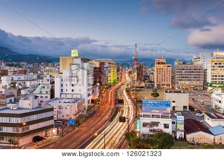 BEPPU, JAPAN - DECEMBER 13, 2015: Downtown Beppu at Beppu Tower. The city is well known for hot springs resorts.