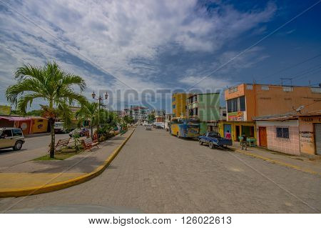 ATACAMES, ECUADOR - March 16, 2016:  Steet view of beach town located on Ecuador's Northern Pacific coast. It is located in the province of Esmeraldas.