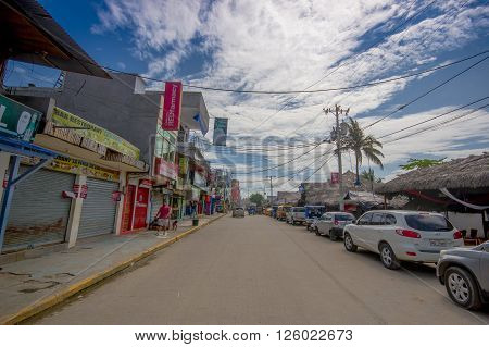 ATACAMES, ECUADOR - March 16, 2016:  Steet view of beach town located on Ecuador's Northern Pacific coast. It is located in the province of Esmeraldas.
