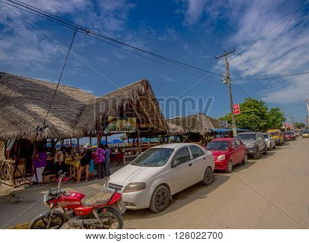 ATACAMES, ECUADOR - March 16, 2016:  Steet view of beach town located on Ecuador's Northern Pacific coast. It is located in the province of Esmeraldas.