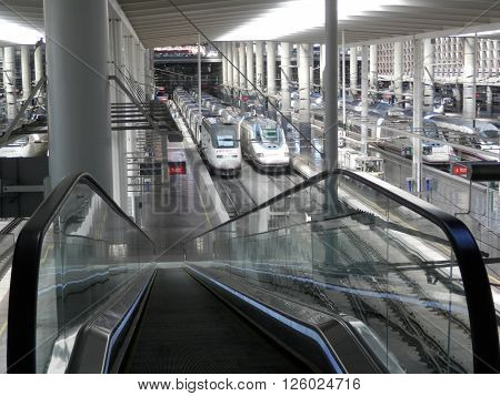 Madrid Spain April 6th 2016. Top view of Madrid Atocha Railway station with train and platform. Madrid Spain April 6th 2016.