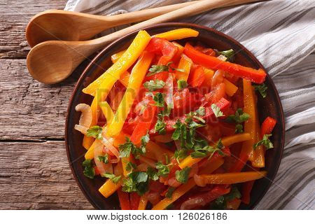 Piperade: Peppers With Tomatoes And Onions Close Up. Horizontal Top View
