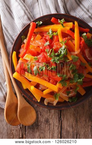 Piperade: Peppers With Tomatoes And Onions Close Up. Vertical Top View