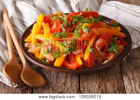 Hot Pepper Salad With Tomato And Onion Close-up. Horizontal