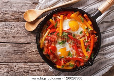 Traditional Basque Piperade With Eggs Close-up. Horizontal Top View