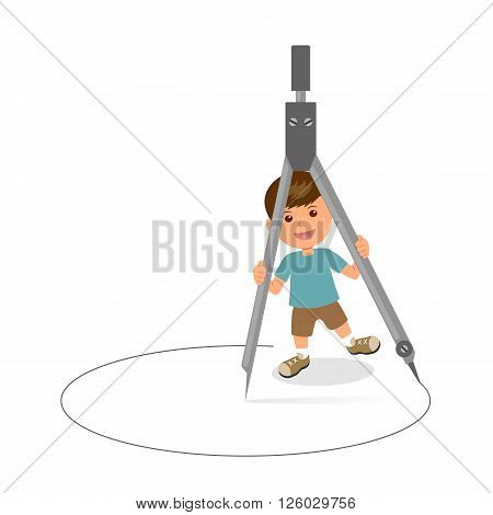 Cheerful boy with pair of compasses. Concept design of a schoolboy holds circinus. Template background for Teachers' Day or Children's Day.