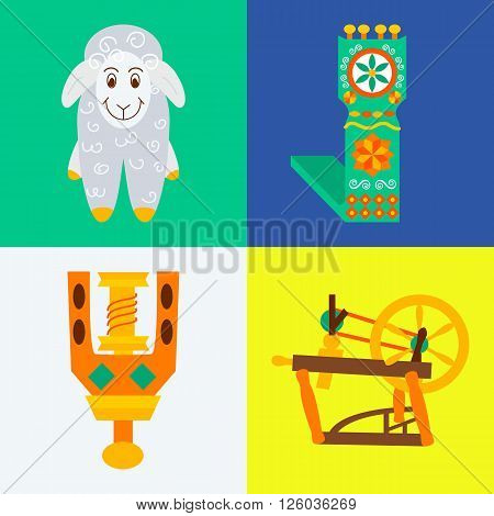 Four flat handmade knitting sewing concepts.Vector illustration objects felting wool on whiteblueyellow and green.