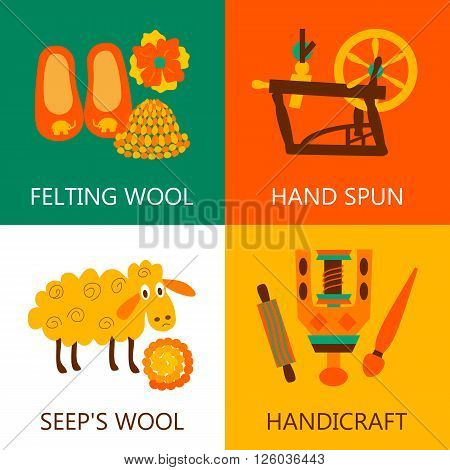 Four flat wool felting concept..Vector illustration objects felting wool on whitegreenorange and white.