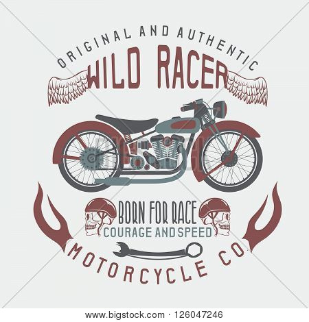 Wild Racer Vintage Print With Motorcycle,wings And Skulls