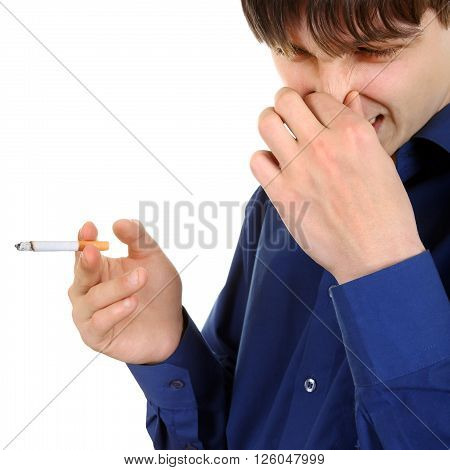 Displeased Teenager with Cigarette Isolated on the White Background