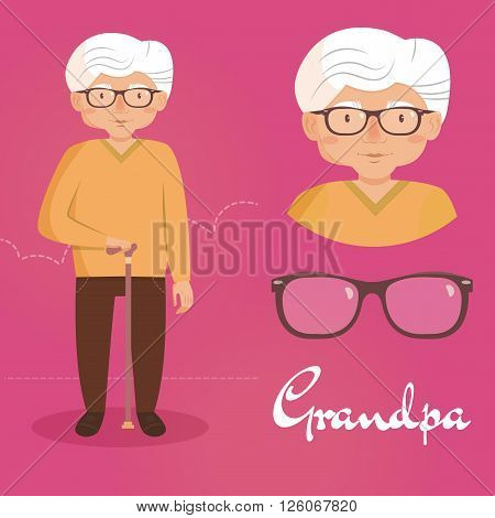 EElderly man with glasses and a cane. Vector isolated illustration. Cartoon character.