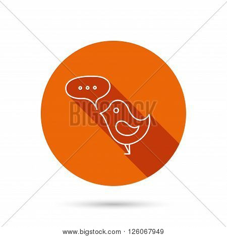 Bird with speech bubble icon. Chat talk sign. Cute small fowl symbol. Round orange web button with shadow.