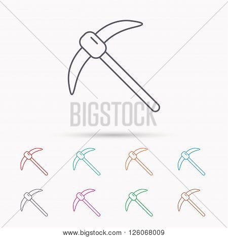 Mining tool icon. Pickaxe equipment sign. Minerals industry symbol. Linear icons on white background.