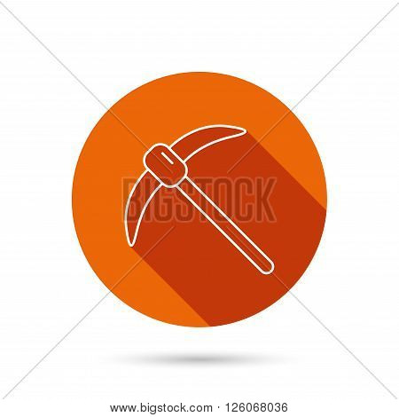Mining tool icon. Pickaxe equipment sign. Minerals industry symbol. Round orange web button with shadow.