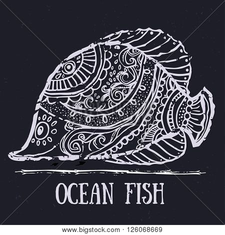 Greeting Beautiful card with fish. Frame of animal made in vector. Etno Style. Fish Illustration for design, pattern, textiles. Hand drawn map with sia