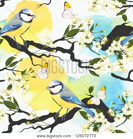 Tomtit on blooming cherry branch vector seamless background
