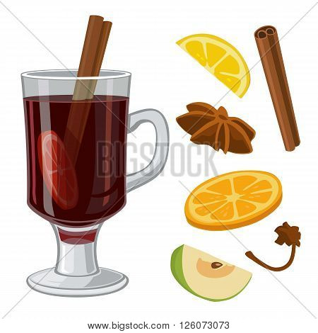 Mulled wine with glass of drink and ingredients. Vector flat illustration for greeting card invitation banner and poster