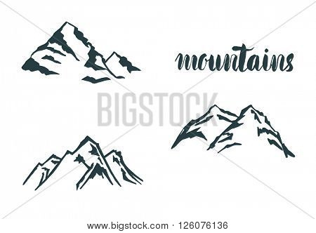 Mountain hand drawn hogo. Vector design element in vintage style for logotype, label,tag, badge and other. Mountain logo,  symbol, icon in retro style