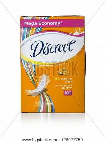 CHISINAU MOLDOVA - March 25 2016: Box of Discreet Pantiliners. The Discreet Pantiliners are manufactured by Procter & Gamble Balkans. Studio shot isolated on white background.