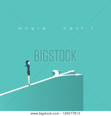 Business decision concept vector illustration. Businesswoman standing on the crossroads with three arrows and directions. Eps10 vector illustration.