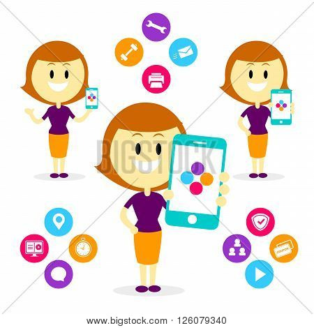 A Woman/Mom Showing/ Promoting many features of a Mobile App
from Her Smartphone
(in Flat Cartoon Style)