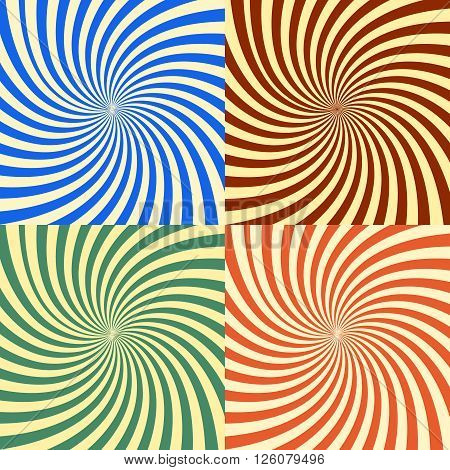 Swirl stripes illustration of five images of twist radial effect. Ina different colors such as red green yellow and white. Collection of geometric abstract background warp shapes Colors green red and blue