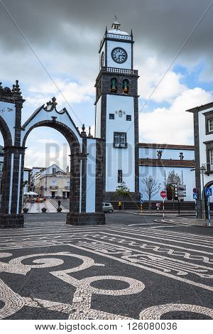Ponta Delgada Azores Portugal - April 20 2015: Portas da Cidade - historic entrance to the town of Ponta Delgada on Sao Miguel island Azores