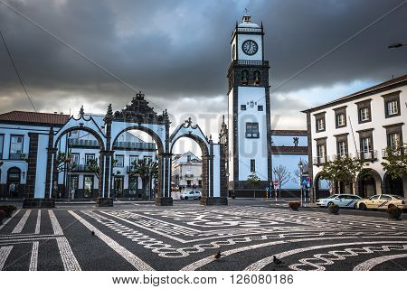 Ponta Delgada Azores Portugal - April 20 2015: Portas da Cidade - historic entrance to the town of Ponta Delgada on Sao Miguel island Azores