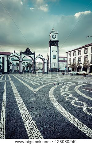 Ponta Delgada Azores Portugal - April 20 2015: Portas da Cidade - historic entrance to the town of Ponta Delgada on Sao Miguel island Azores