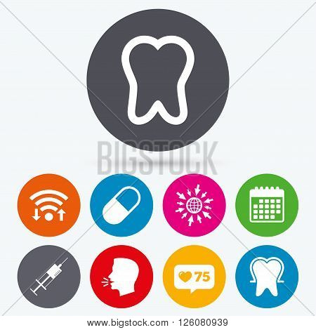 Wifi, like counter and calendar icons. Tooth enamel protection icons. Medical syringe and pill signs. Medicine injection symbol. Human talk, go to web.