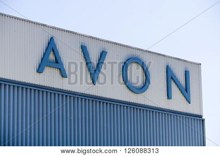 PASADENA CA/USA - APRIL 16 2016: Avon Corporation distribution center and logo. Avon Products Inc is an American international manufacturer and direct selling company in beauty products.
