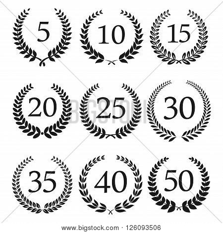 Congratulatory laurel wreaths symbols for anniversary or jubilee greeting card, invitation design usage with numbers from 5 to 50 in the center