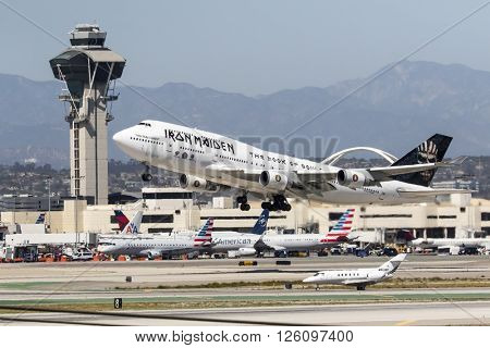 Los Angeles, CA - Apr 17, 2016: Iron Maiden One takes off from LAX Airport in Los Angeles, CA. after their North American tour and head to the Far East on their Book Of Souls World Tour.