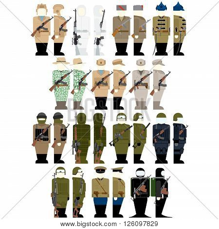 Uniforms and insignia of the Russian special services soldiers. The illustration on a white background.