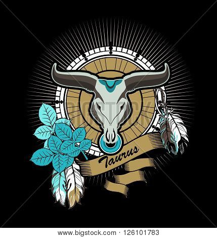 vector illustration Taurus emblem vintage frame with feathers on a black background