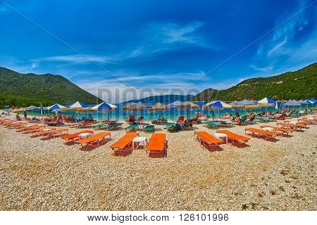 Beach Beds and Umbrellas in Antisamos Beach, Kefalonia Island, Greece