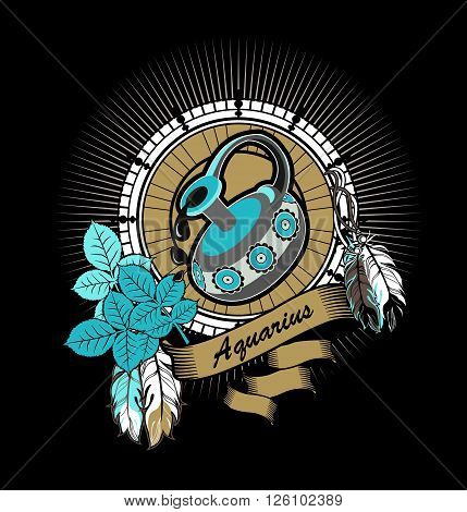 vector illustration of the zodiac Aquarius horoscope in a vintage frame on a black background
