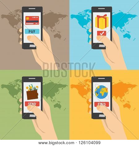 Four vector payment concept hand with phones. Easy payment find a tickets booking online shopping money sending. Using a smartphone. Flat style. Web infographics