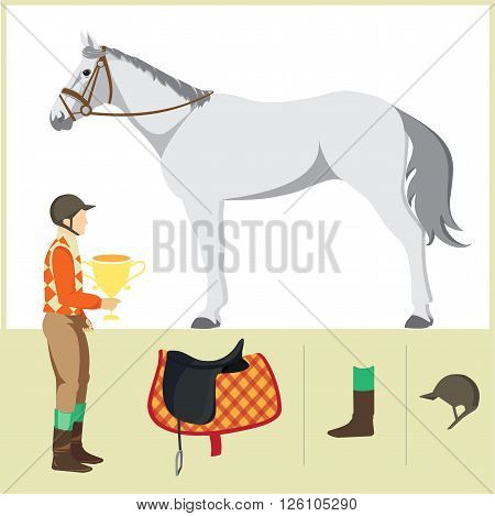 Derby. Equestrian sport. Vector Illustration of horse. Thoroughbred horse. The Sport of Kings. Horse with Horseman and Saddle