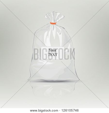 Transparent bag for package design. Plastic packaging. Monochrome vector illustration. Blank white bag with place for your design. Sketch style. Isolated background with shadow
