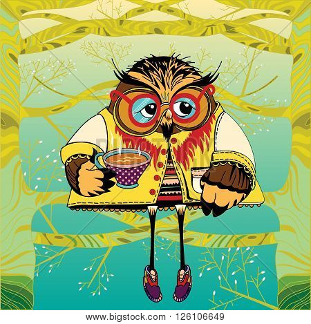Owl on a tree drinking tea. Cute character Owl. Concept animal. Little animal in forest