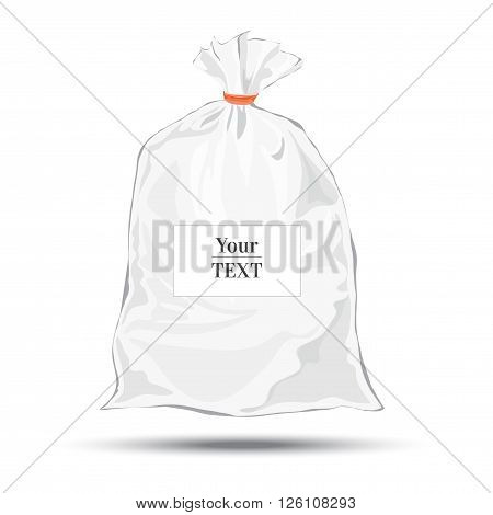 Transparent bag for package design. Plastic packaging. Vector. Blank white bag with place for your design. Sketch style. Isolated background with shadow