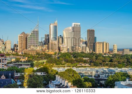 Sydney Australia - November 7 2014: The view of Sydney City Skyline clear sunny morning. Royal Botanic Gardens in the center