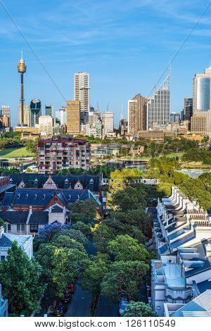 Sydney Australia - November 7 2014: The view of Sydney City Skyline clear sunny morning. Rockwall Crescent Potts Point in the foreground.