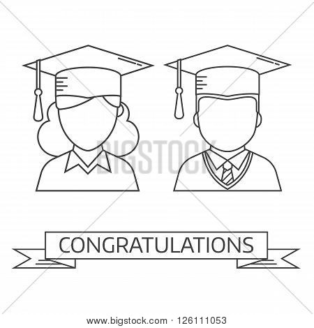 Graduation man and woman in thin line. Graduates guy and girl in hats and gown vector outline icon. Students male and female linear design.