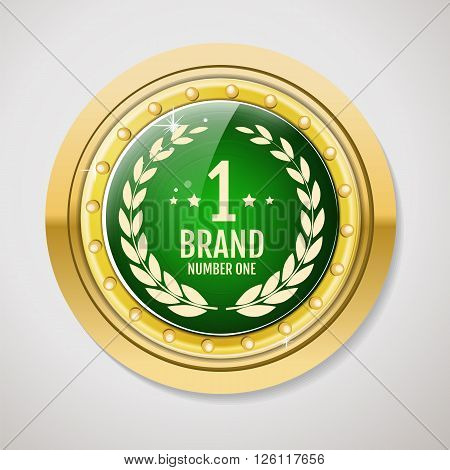 Gold label for Promotions. Quality sticker with glossy and wood texture. Vector circle gold emblem for business. Brand number one sticker with stone on white background