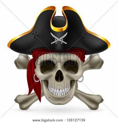Pirate skull in red bandana and cocked hat with crossed bones